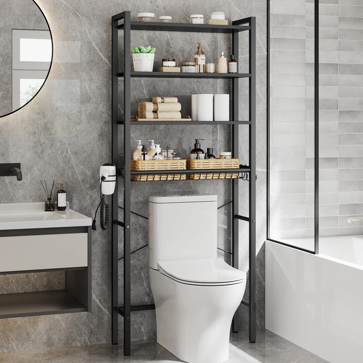 VASAGLE 4-Tier Over the Toilet Storage, Adjustable Shelves, Basket, 68.1''H