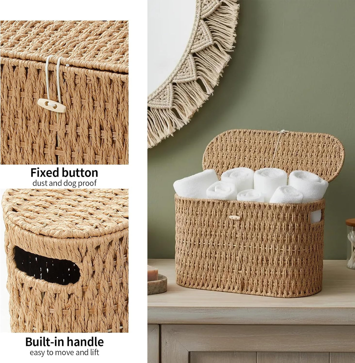 Coeusy Toilet Paper Storage Basket with Lid, Paper Rope Wicker Basket for Bathroom Organizers and Storage, Toilet Paper Holder for Up to 6 Mega Rolls, Boho Hand-Woven Decorative Decor, Natural