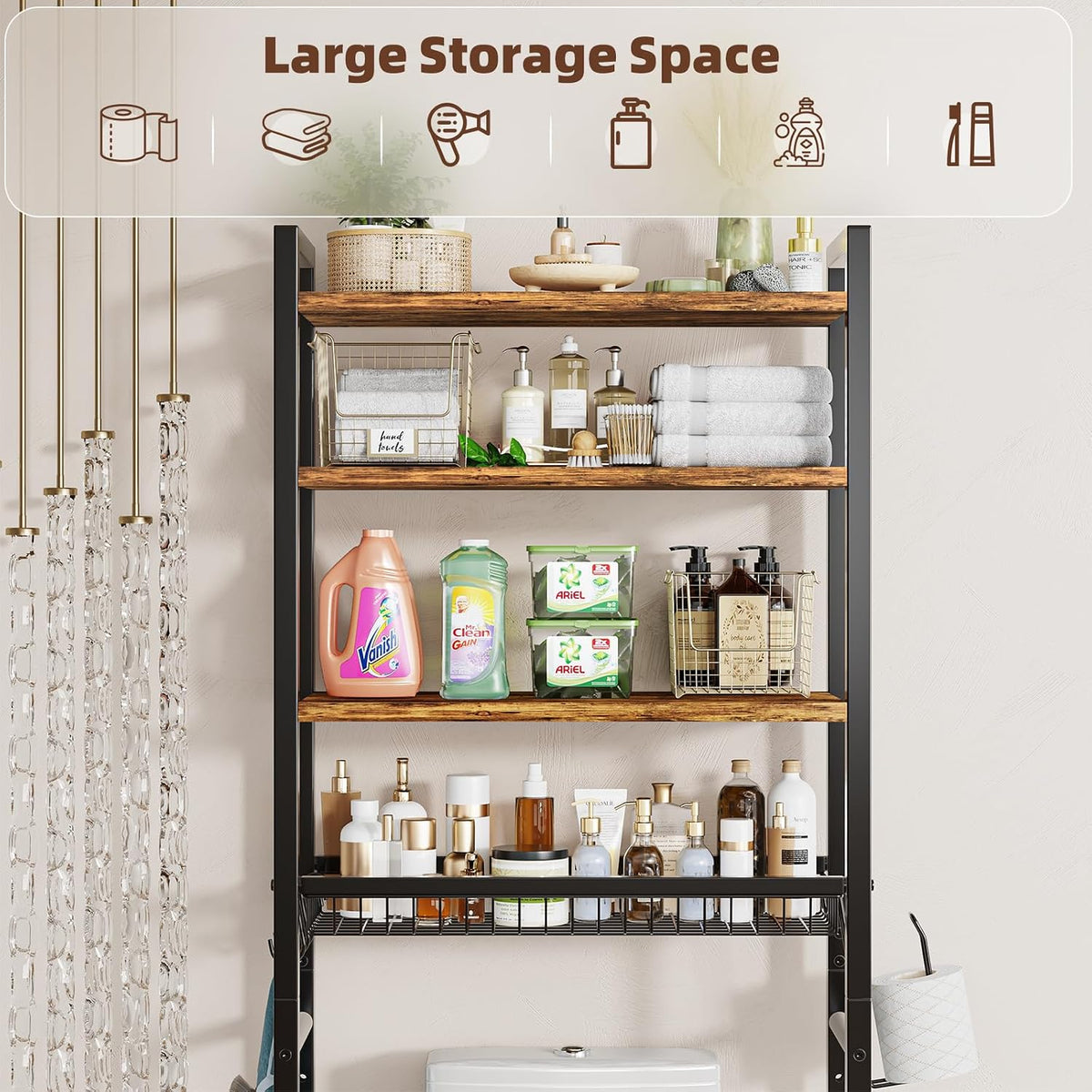 Ekisemio Over The Toilet Storage Rack, 4 Tier Over Toilet Shelf with Adjustable Feet, Freestanding Bathroom Organizer with Wooden Shelves, Hooks, Paper Holder, Vintage Brown