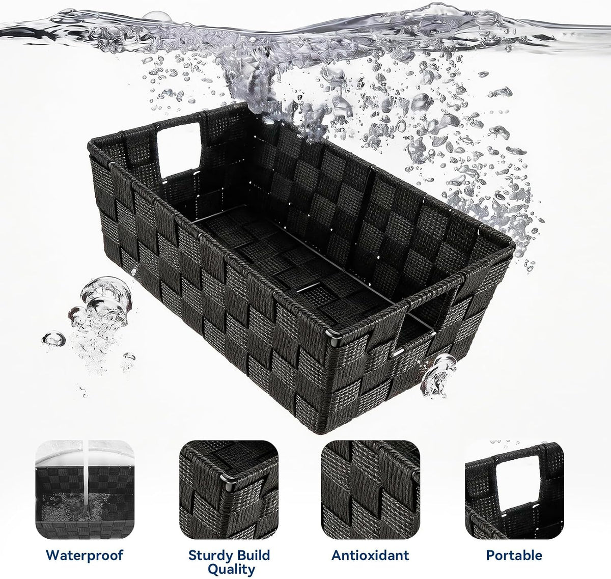 Whitmor Small Woven Storage Baskets for Shelves - Decorative Organizer Bins with Metal Structure, Versatile Shelf Storage Solution for Home Organization & Closet (Black)
