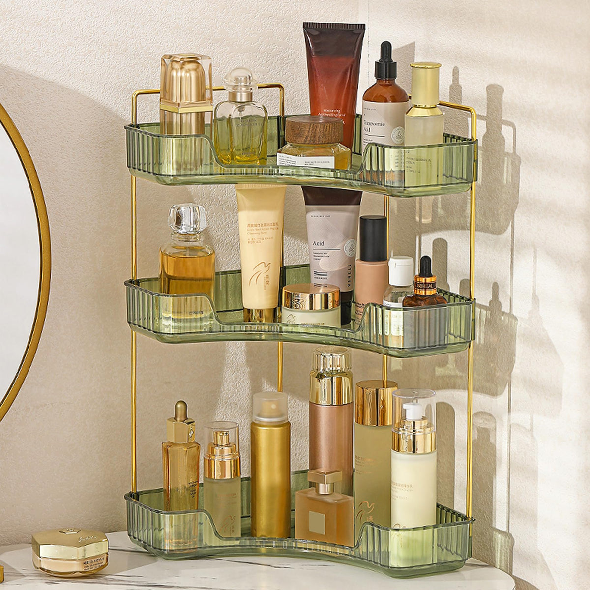Aveniee Corner Bathroom Counter Organizer, Bathroom Countertop Shelf Makeup Storage, Clear Perfume Tray Holder (3 Tiers, White)