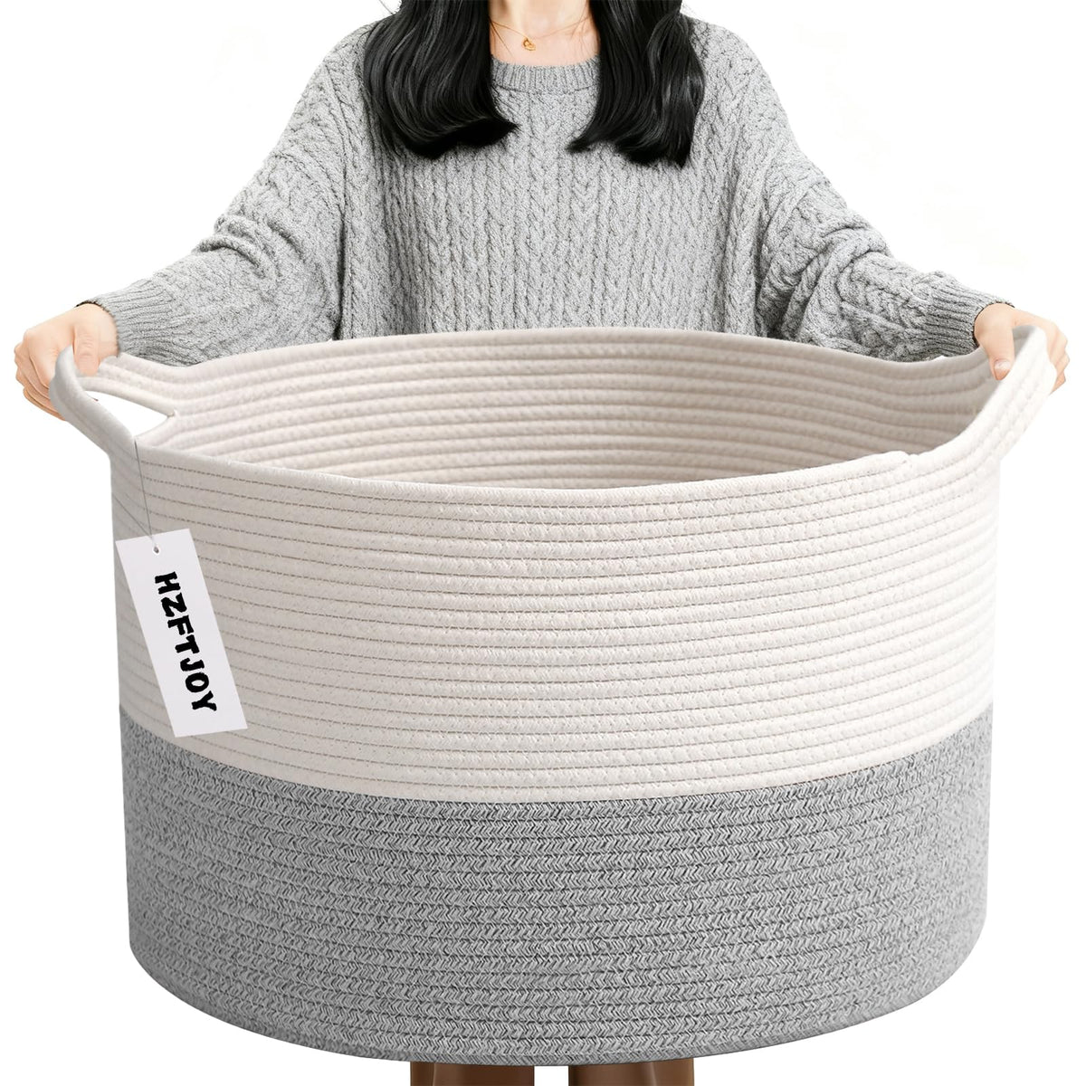 Large Woven Blanket Basket,65L Cotton Rope Laundry Basket