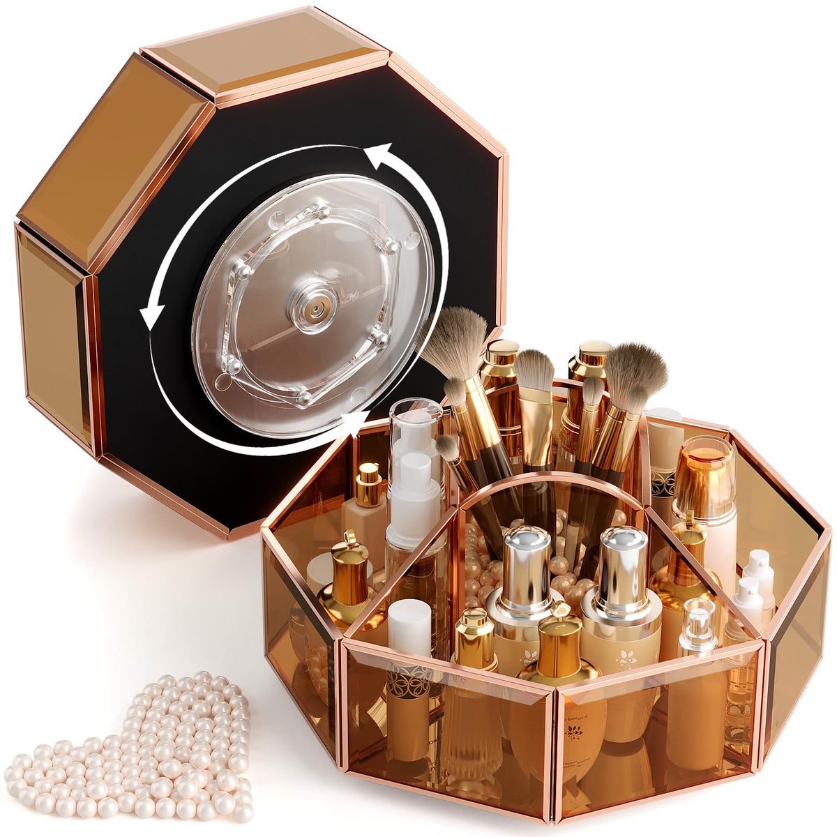 CoralHouse Rotating Glass Makeup Organizer for Vanity with Brush Holder