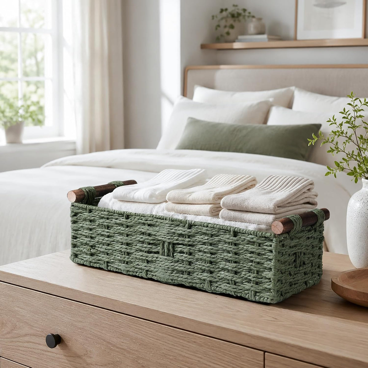 Round Paper Rope Storage Basket Wicker Baskets for Organizing with Handle Decorative Storage Bins for Countertop Toilet Paper Basket for Toilet Tank Top Small Baskets Set,Green
