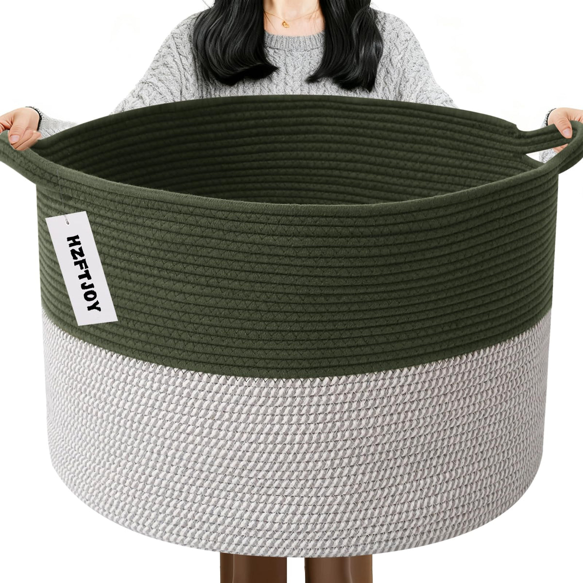 Large Woven Blanket Basket,65L Cotton Rope Laundry Basket