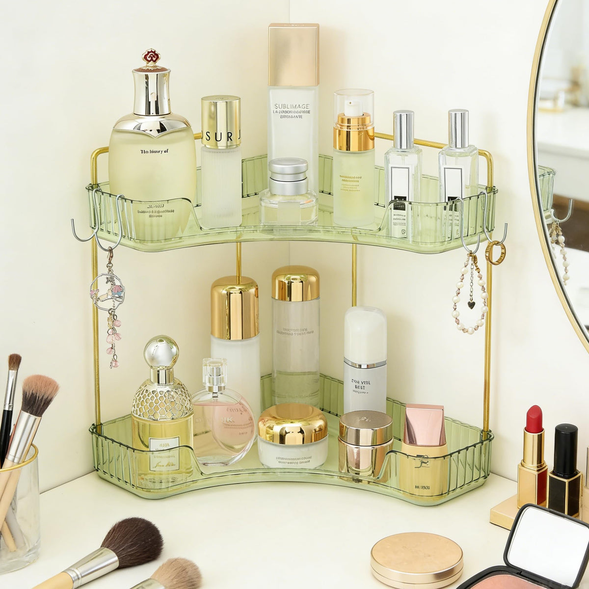2-Tier Corner Bathroom Organizer Countertop with Hooks, for Makeup/Skincare