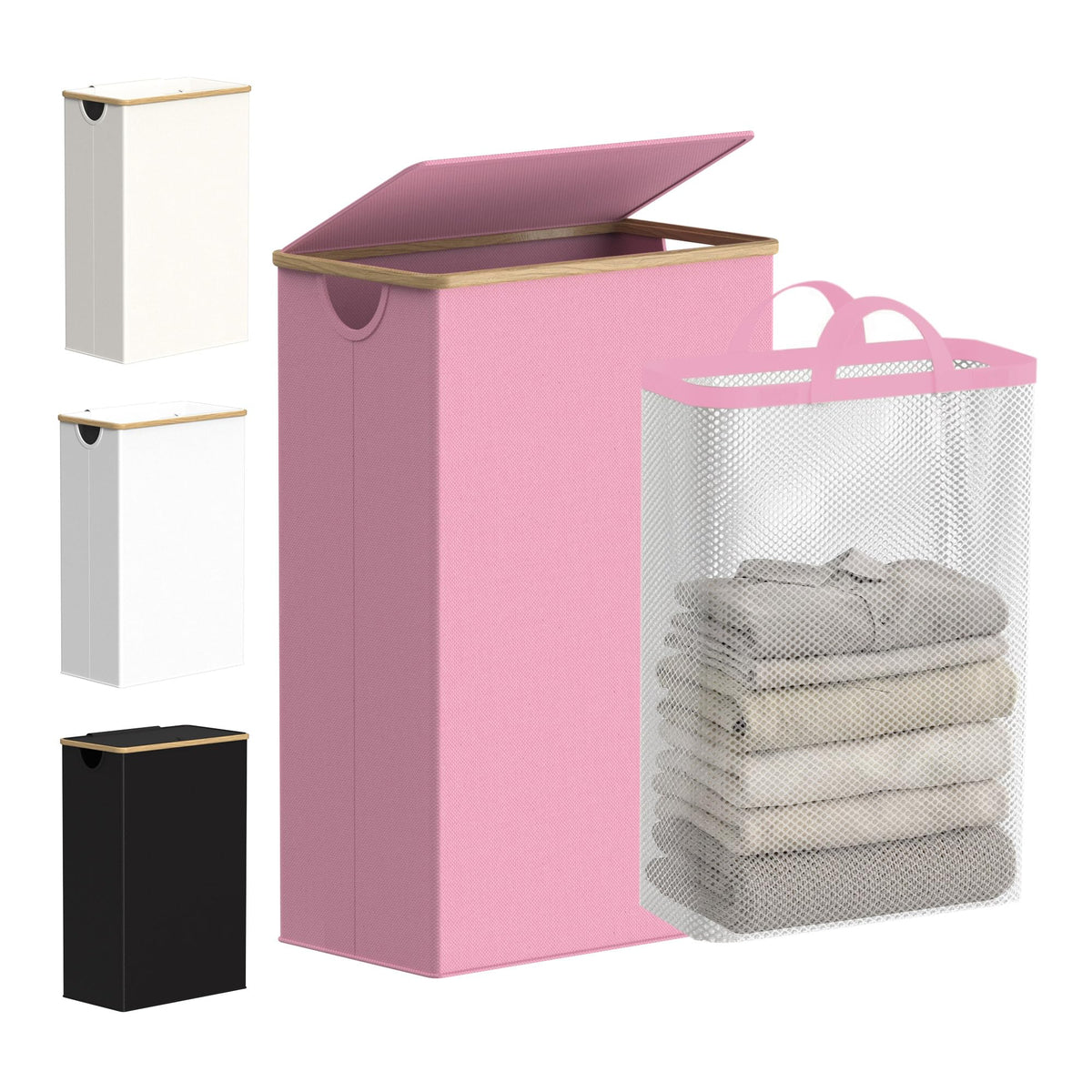 efluky Slim Laundry Basket with Lid, Narrow Laundry Hamper with Removable Bag, Skinny Dirty Clothes Basket with Bamboo Handles for Bathroom, Bedroom & Laundry Room, 75L Beige