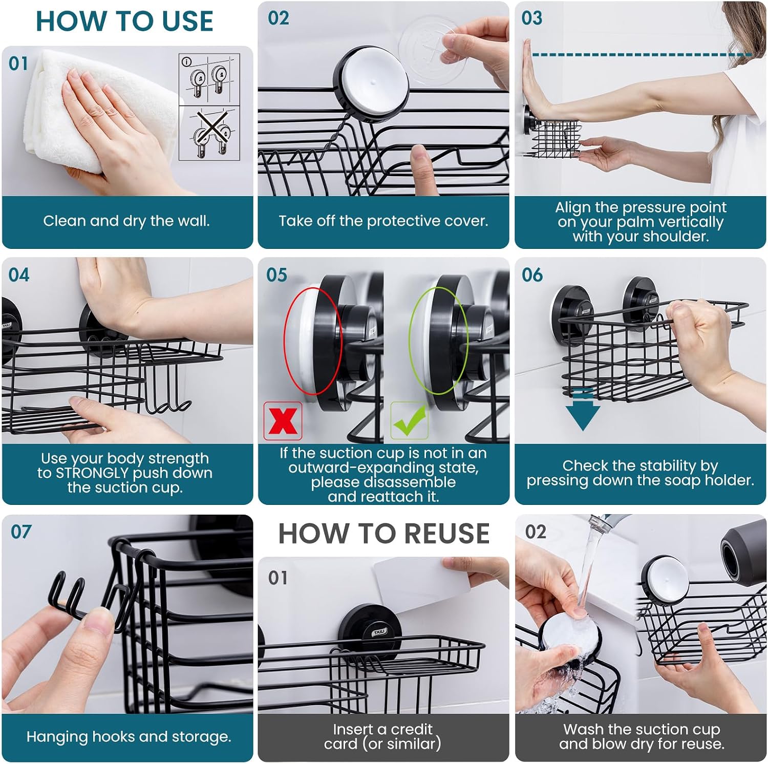 TAILI Shower Caddy Suction Cup 2 Pack with Hooks & Soap holder, Black