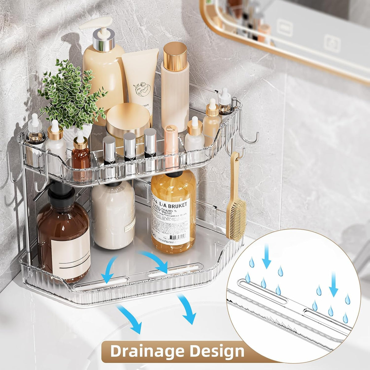 VITVITI 2 Tier Corner Bathroom Counter Organizer, Bathroom Countertop Organizer Storage for Sink, Plastic Makeup Organizer for Vanity Countertop Kitchen with Hooks, Clear