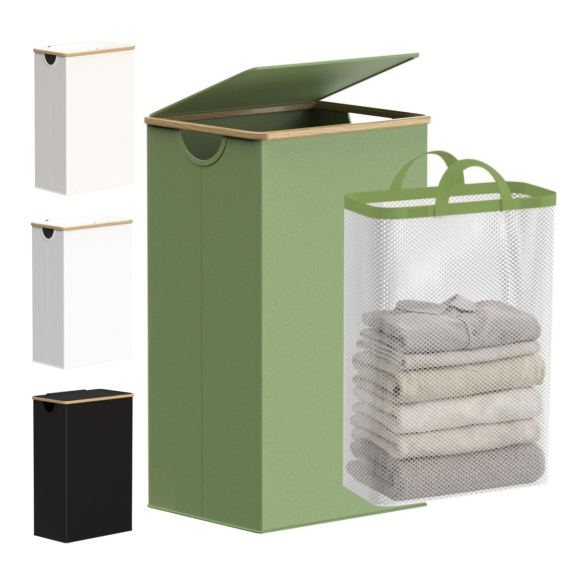 efluky Slim Laundry Basket with Lid, Narrow Laundry Hamper with Removable Bag, Skinny Dirty Clothes Basket with Bamboo Handles for Bathroom, Bedroom & Laundry Room, 75L Beige
