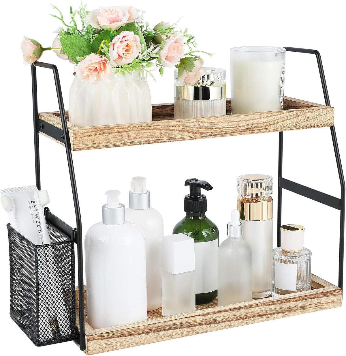 Uneviesyka Bathroom Counter Organizer, 2-Tier Standing Storage Shelf with Basket, Wood Tray for Skincare Vanity Organizer