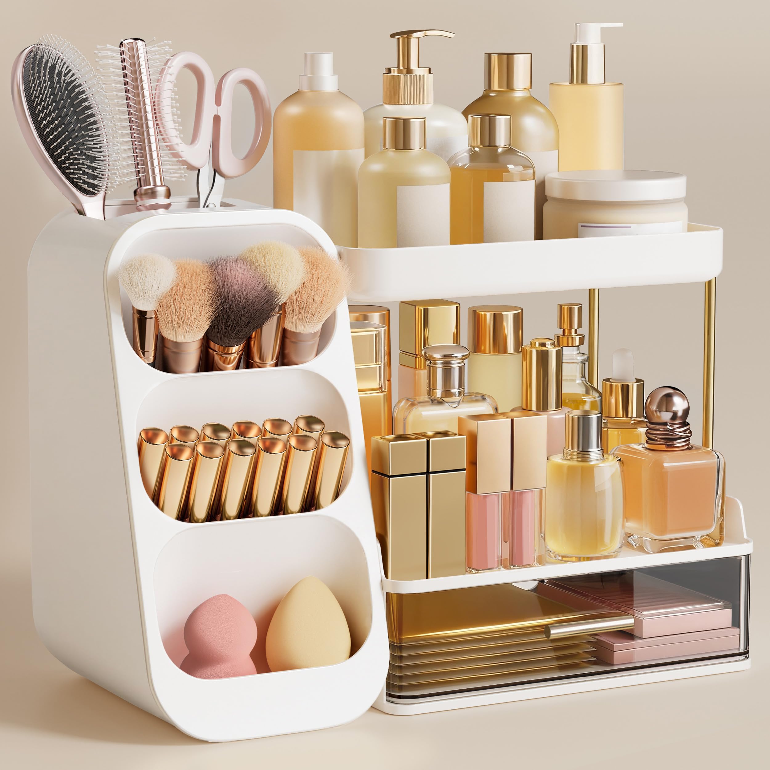 HBlife Makeup Organizer with Brush Holder for Vanity, Large Plastic Bathroom Countertop Organizer Skin Care Storage, Easy to Store Lipsticks, Nail Polishes, Perfumes, Eyeshadow Palettes, All White