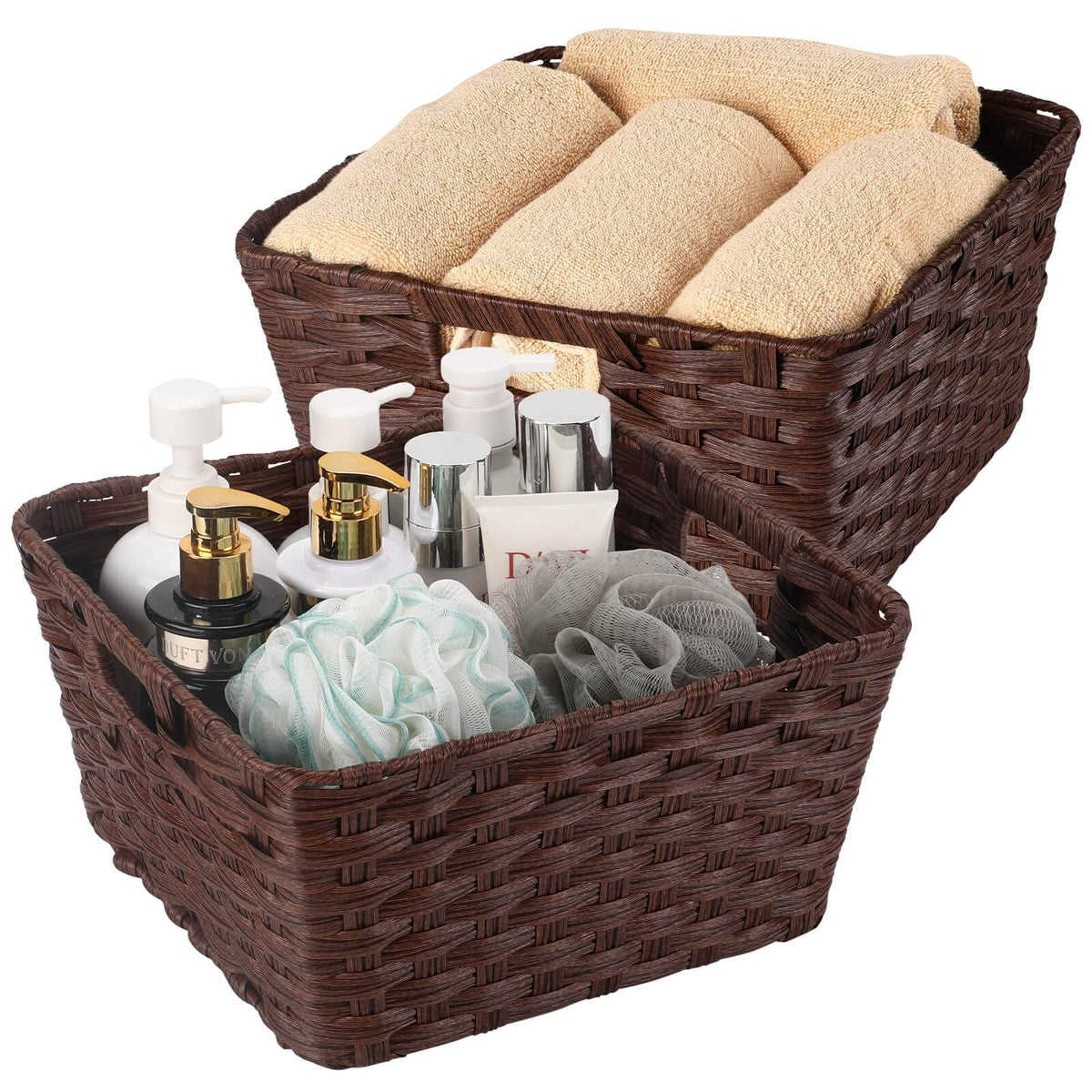 Onlytak Large Wicker Storage Basket, Metal Frame, Set of 2, Washable Waterproof, 15" x 10.3" x 5.2", Brown Color, Woven Basket for Pantry, Toilet, Bathroom, Bedroom, Patio