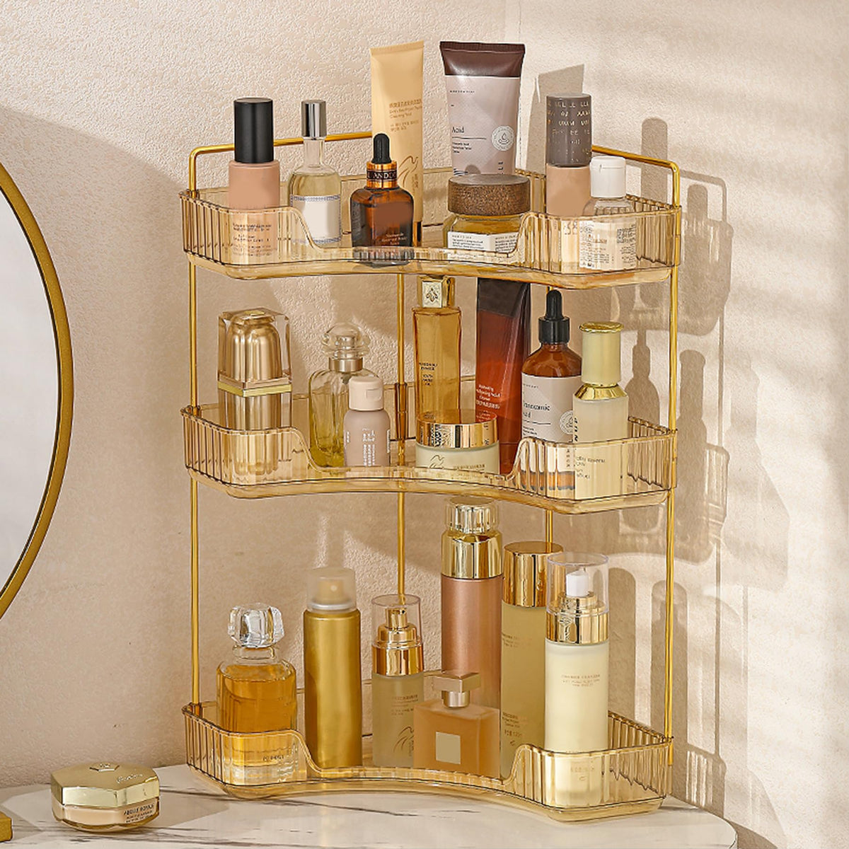 Aveniee Corner Bathroom Counter Organizer, Bathroom Countertop Shelf Makeup Storage, Clear Perfume Tray Holder (3 Tiers, White)