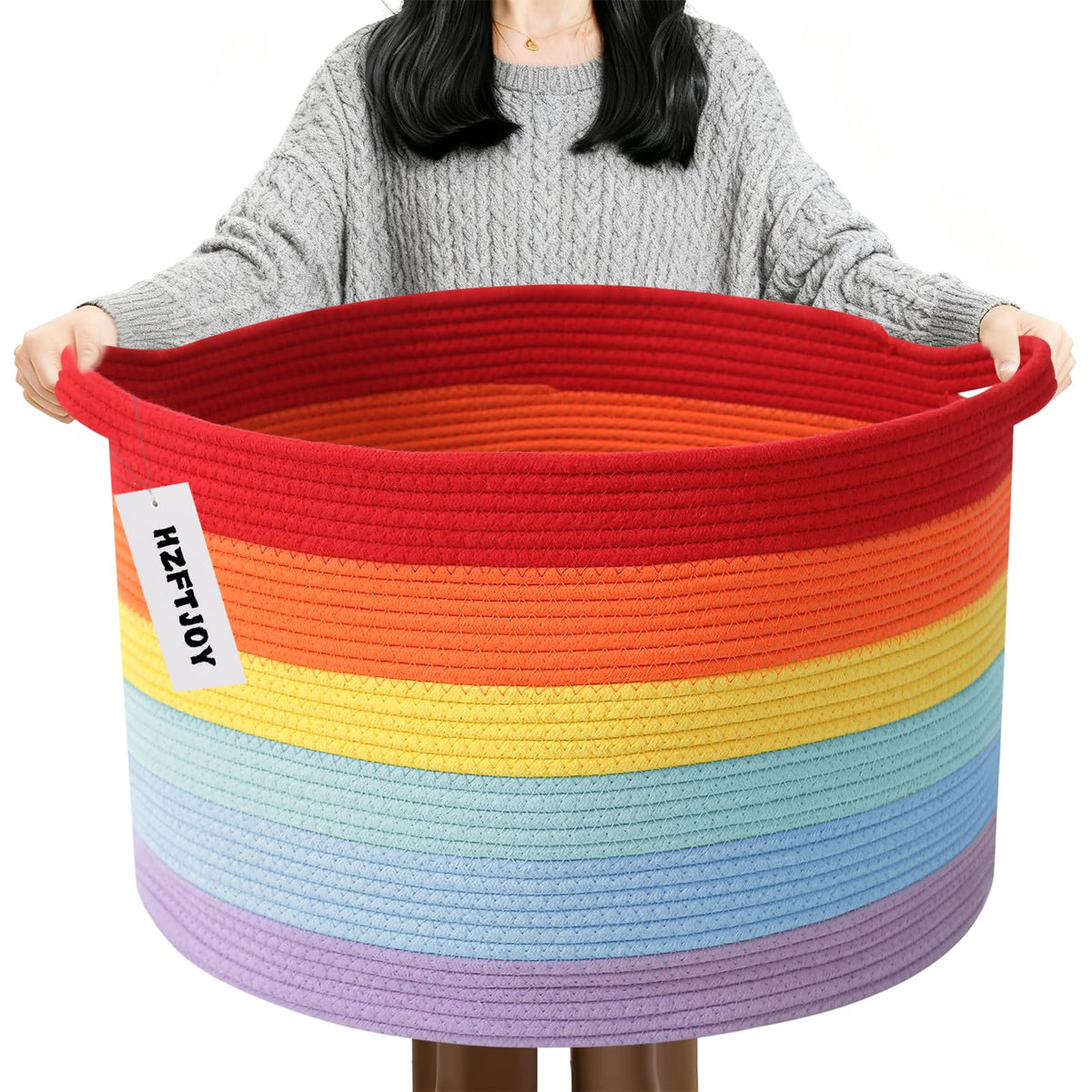 Large Woven Blanket Basket,65L Cotton Rope Laundry Basket