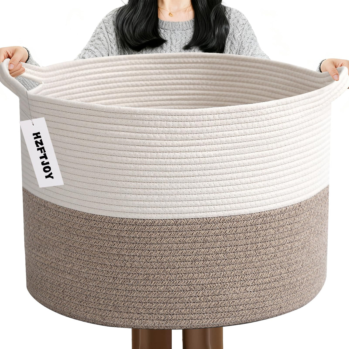 Large Woven Blanket Basket,65L Cotton Rope Laundry Basket
