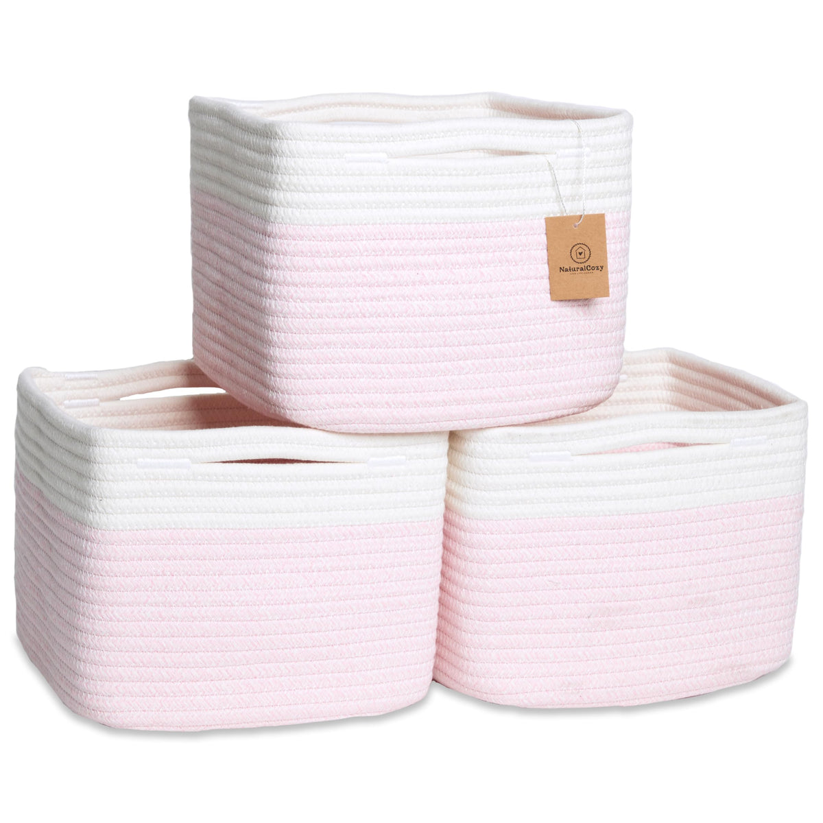 NaturalCozy Storage Cubes 9”x9”x7”Cotton Rope Woven Baskets for Organizing 3-Pack | 9 Inch Cube Storage Bin | Small Basket for Shelf Nursery, Pantry, Decorative Plant, Bathroom Closet, Toy Gift