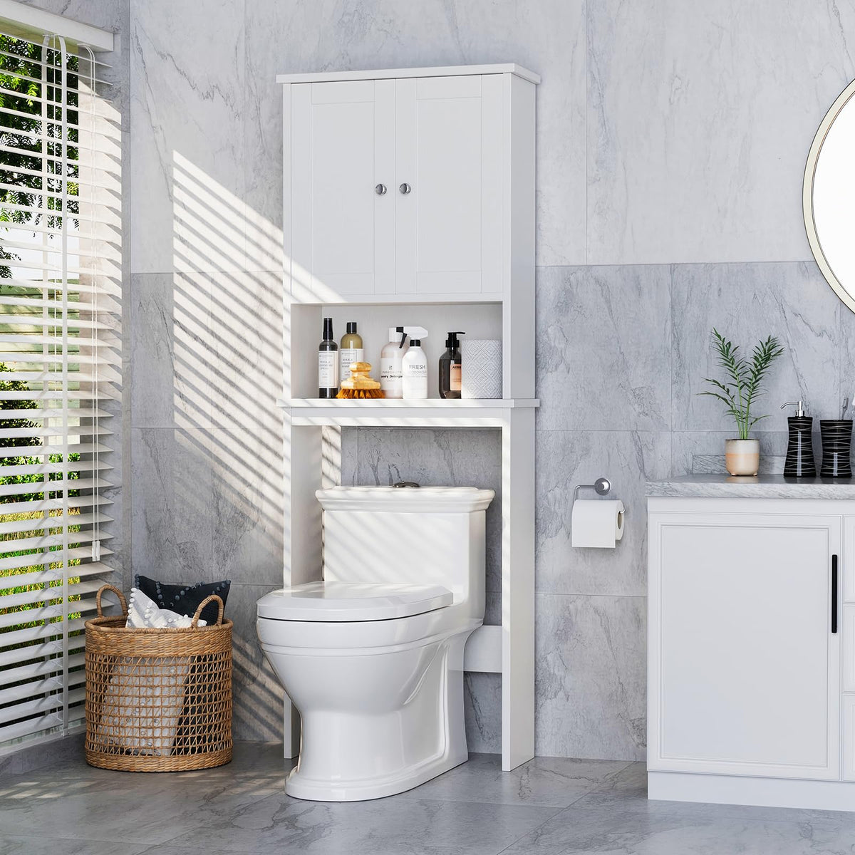 Over the Toilet Storage Cabinet, Bathroom Storage Organizer Over Toilet, Space Saver W/Adjustable Shelf & Open Shelf, White