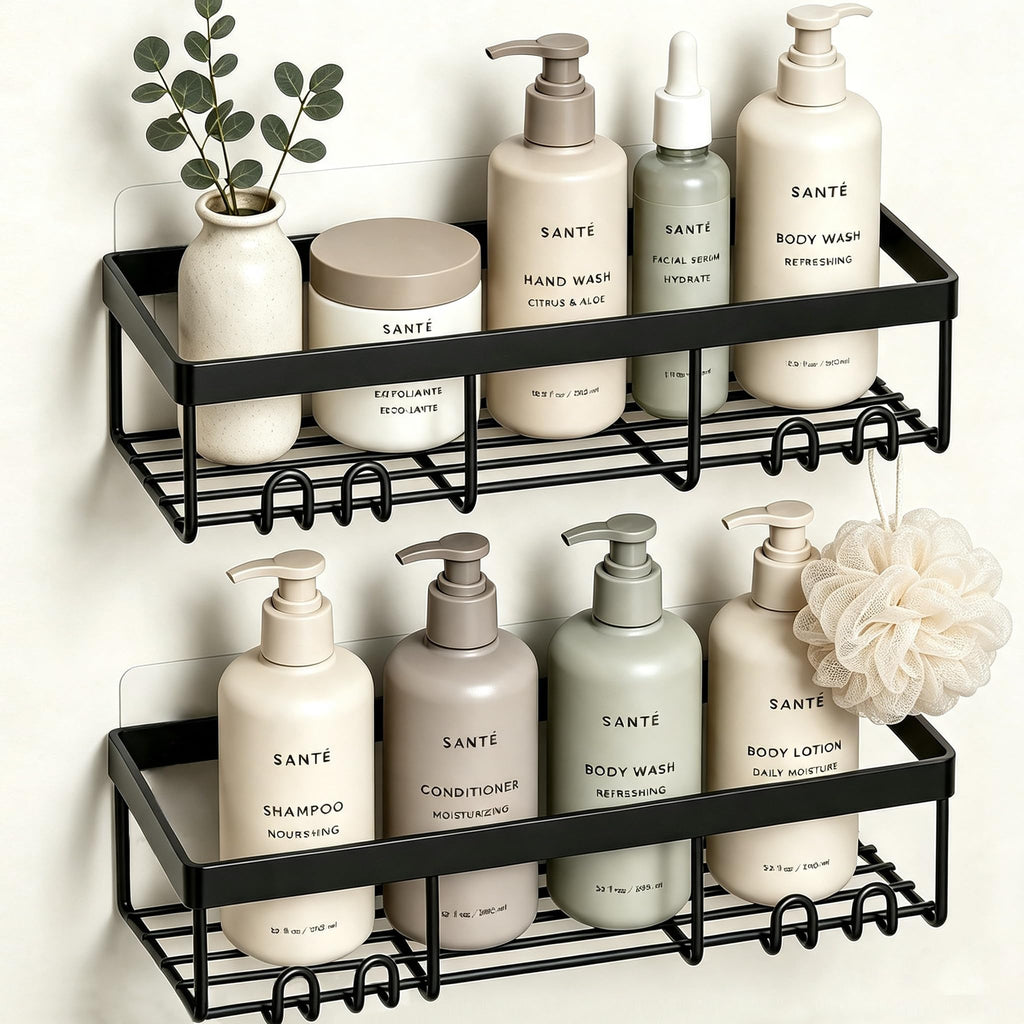 Moforoco Shower Caddy Shelf Organizer Rack, Self Adhesive Black Bathroom Shelves Basket, Home Farmhouse Wall Inside Organization and Storage Decor Rv Accessories, First Camper Apartment Essentials