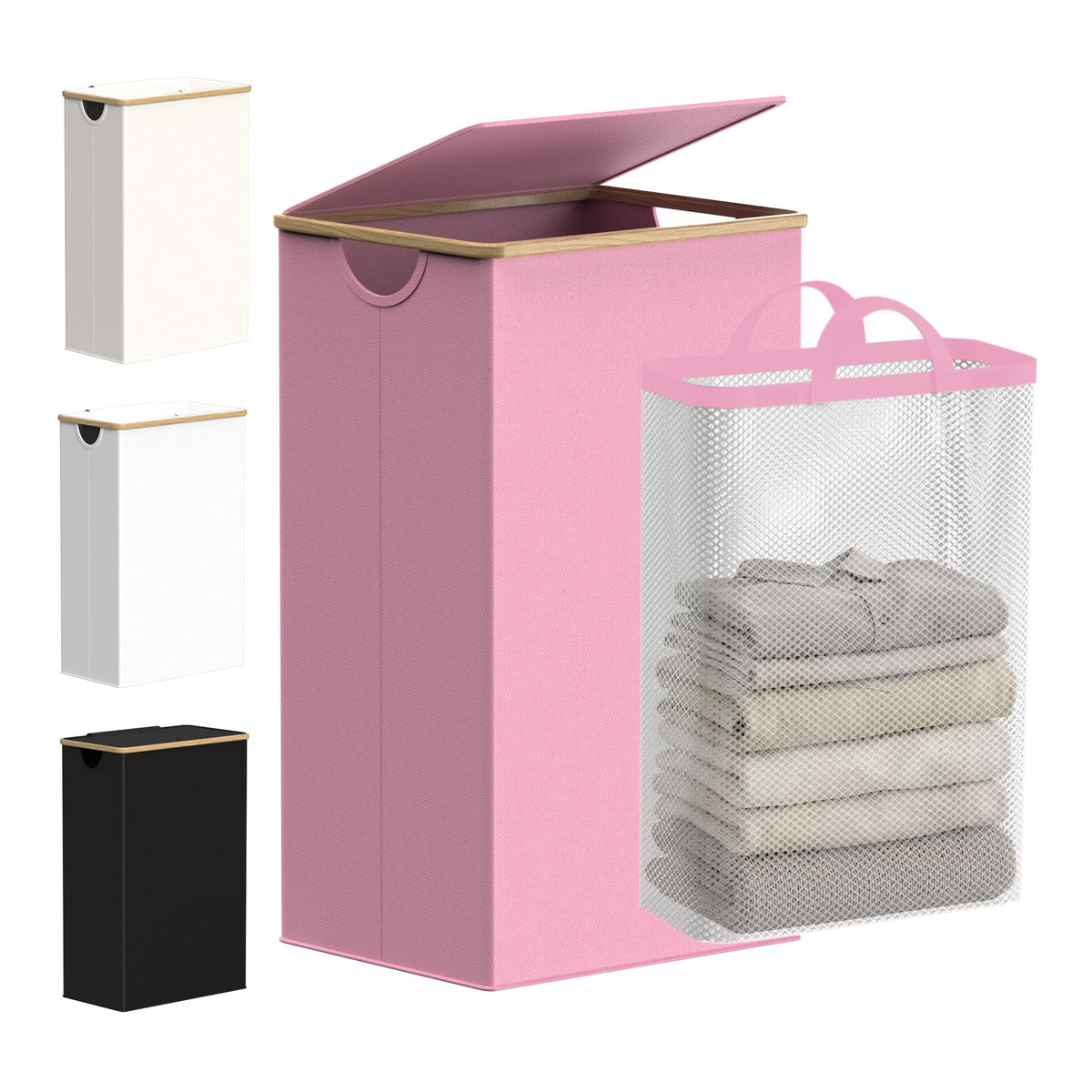 efluky Slim Laundry Basket with Lid, Narrow Laundry Hamper with Removable Bag, Skinny Dirty Clothes Basket with Bamboo Handles for Bathroom, Bedroom & Laundry Room, 75L Beige