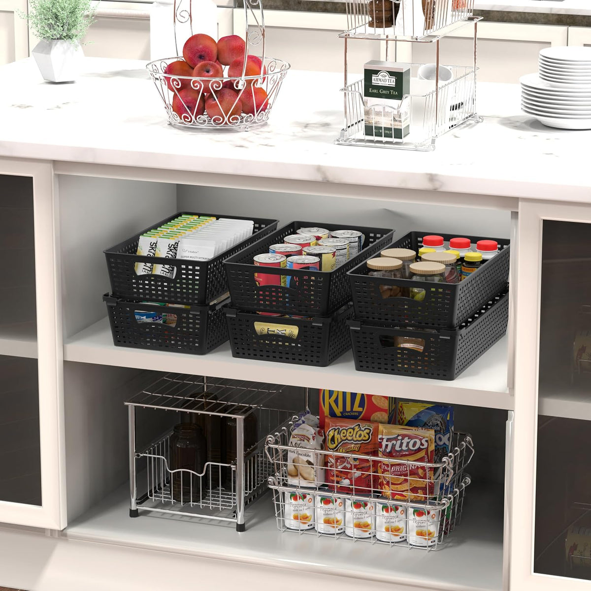 Simple Houseware Stackable Plastic Woven Basket Organizer, 6 Pack, Black