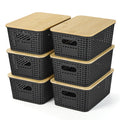 Ohmlove 6 Pack Plastic Storage Baskets with Bamboo Lids for Organization