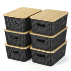 Ohmlove 6 Pack Plastic Storage Baskets with Bamboo Lids for Organization
