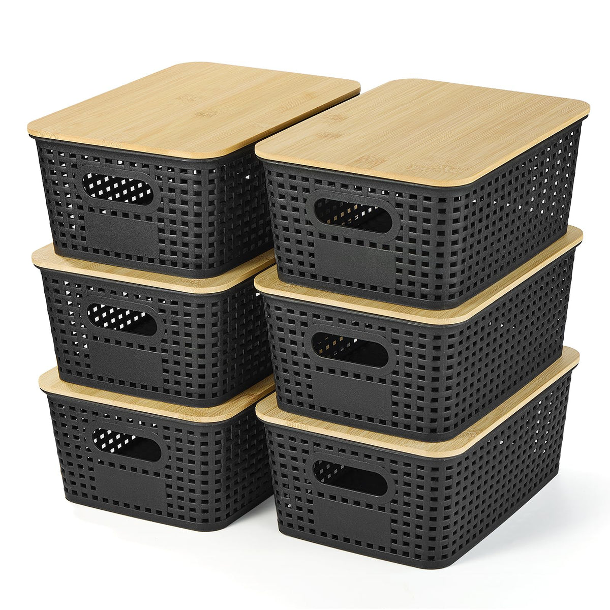 Ohmlove 6 Pack Plastic Storage Baskets with Bamboo Lids for Organization
