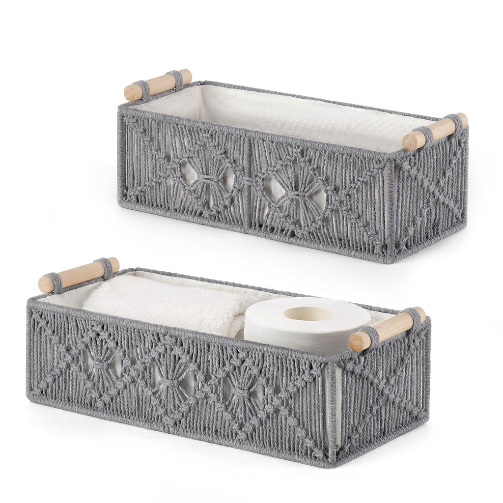 Mkono 2Pc Macrame Storage Basket, Boho Decor Toilet Paper Holder, Ivory