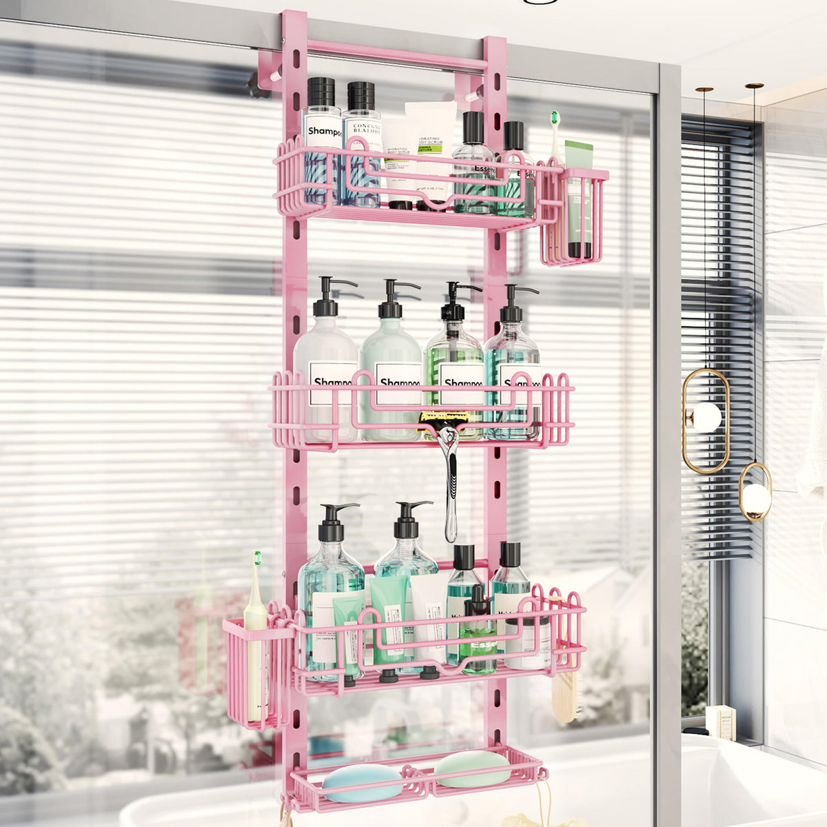 HapiRm Over the Door Shower Caddy - 4-Tier Hanging Shower Organizer with 22 Hooks and 2 Toothbrush Holders, No Drilling Adjustable Hanging Shelves for Bathroom - Black