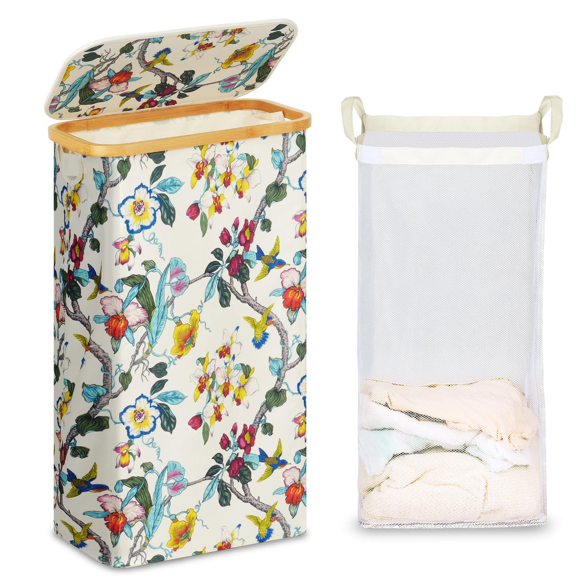 efluky Slim Laundry Basket with Lid, Narrow Laundry Hamper with Removable Bag, Skinny Dirty Clothes Basket with Bamboo Handles for Bathroom, Bedroom & Laundry Room, 75L Beige