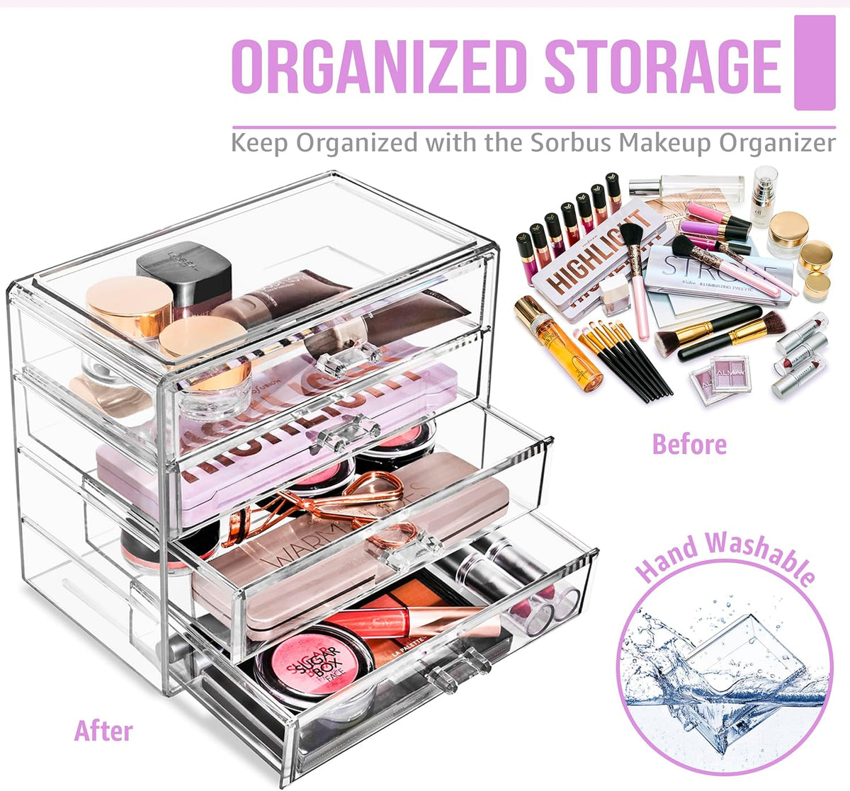 Sorbus Wide 4-Drawer Makeup Organizer Set for Vanity & Countertop (Clear)