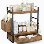 2-Tier Bathroom Counter Organizer, Wooden Vanity Shelf with Drawer & Basket