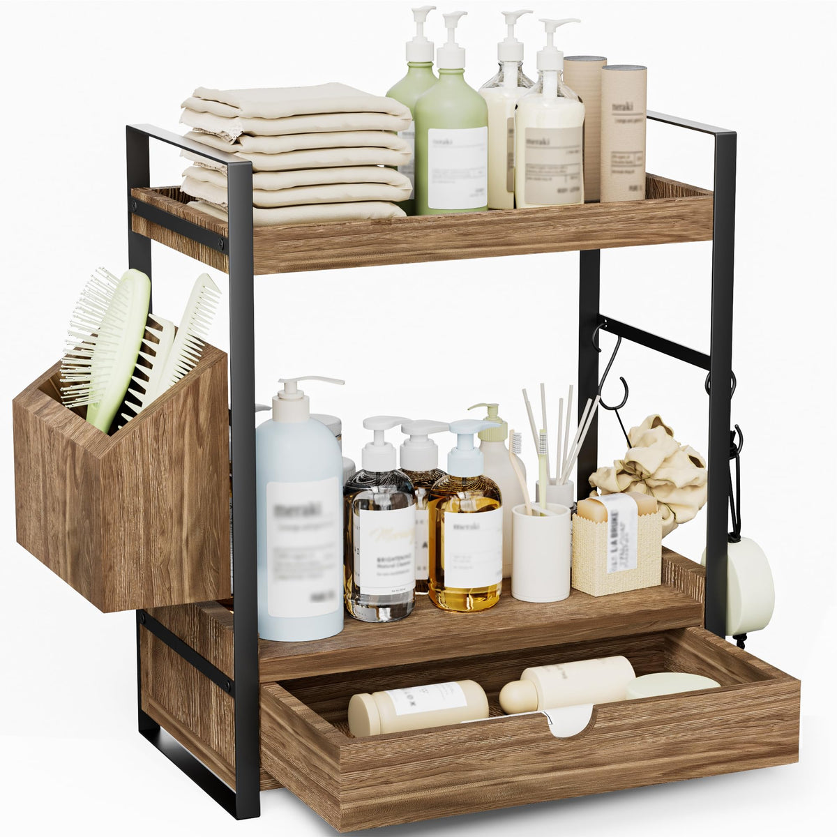 2-Tier Bathroom Counter Organizer, Wooden Vanity Shelf with Drawer & Basket