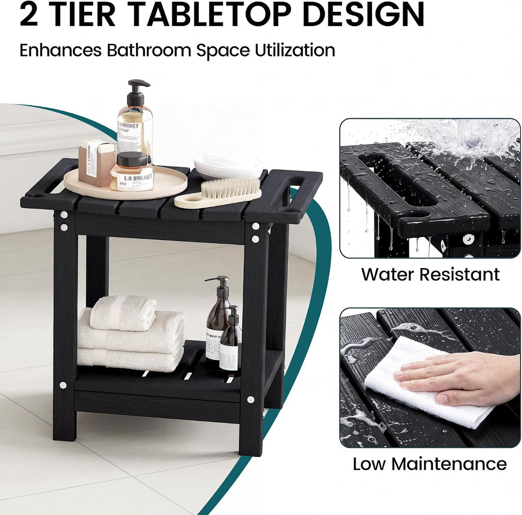 Plawdlik Shower Stool with Shelf, HDPE Weather‑Resistant Shower Bench