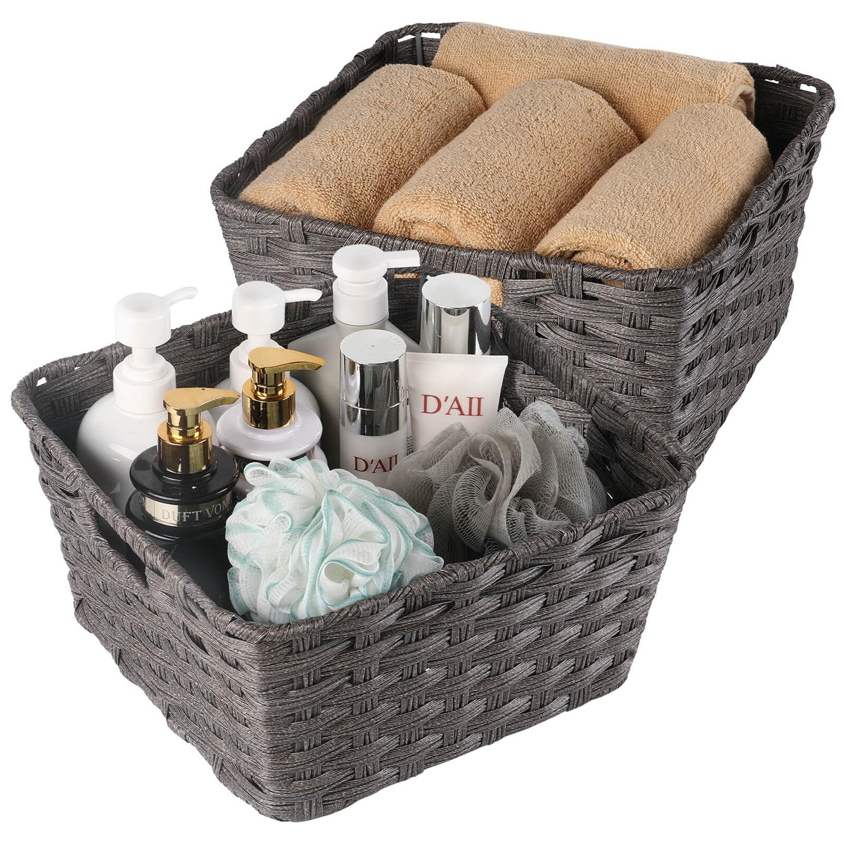 Onlytak Large Wicker Storage Basket, Metal Frame, Set of 2, Washable Waterproof, 15" x 10.3" x 5.2", Brown Color, Woven Basket for Pantry, Toilet, Bathroom, Bedroom, Patio