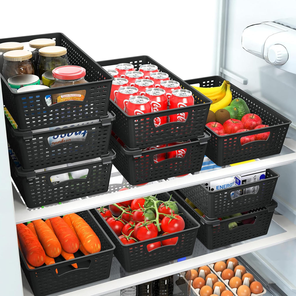 Simple Houseware Stackable Plastic Woven Basket Organizer, 6 Pack, Black