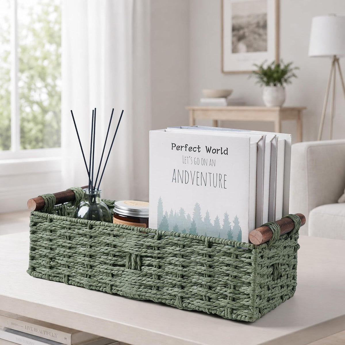Round Paper Rope Storage Basket Wicker Baskets for Organizing with Handle Decorative Storage Bins for Countertop Toilet Paper Basket for Toilet Tank Top Small Baskets Set,Green