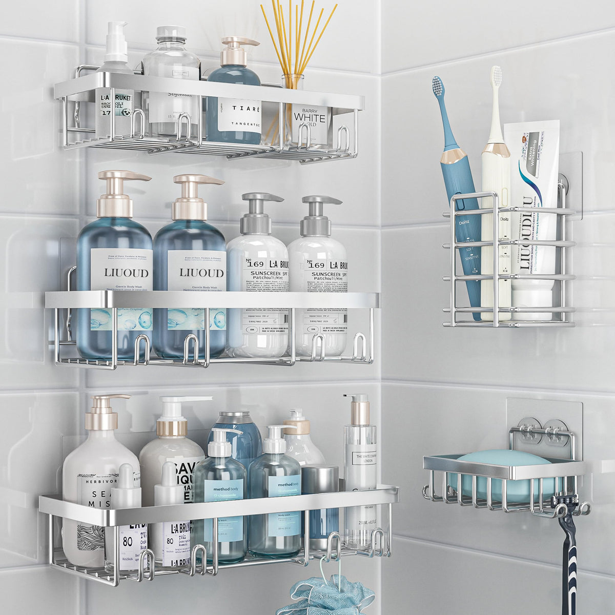 Liuoud 5 Pack Shower Caddy for Inside Shower, Gold Bathroom Storage Decor