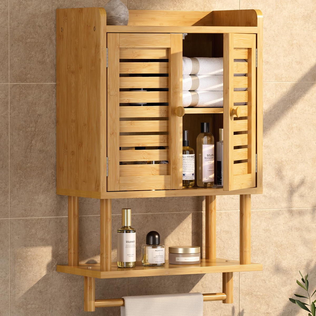 AmazerBath Bathroom Wall Cabinets, Bamboo Medicine Cabinet with Rattan Door, Over The Toilet Storage Cabinet with Towel Bar, Wall Mounted Cabinet with Adjustable Shelves for Small Spaces