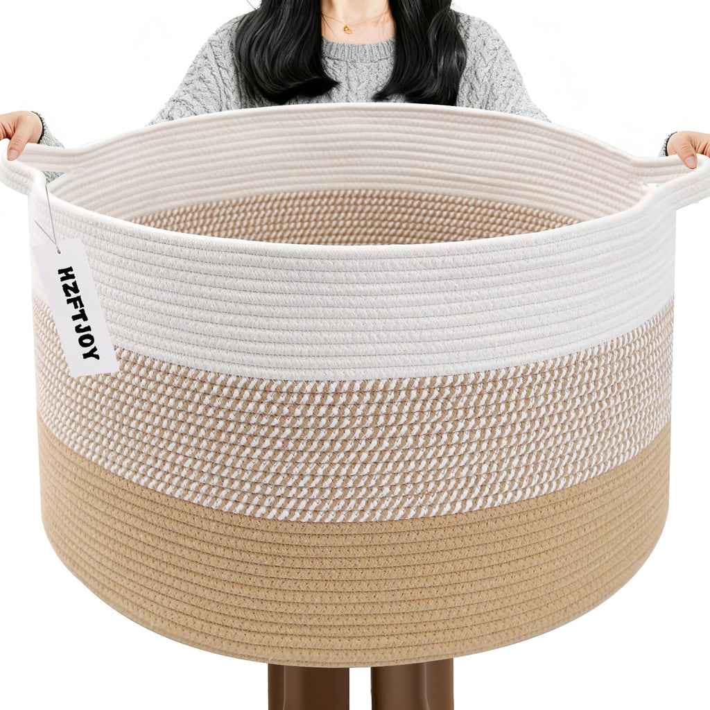 Large Woven Blanket Basket,65L Cotton Rope Laundry Basket