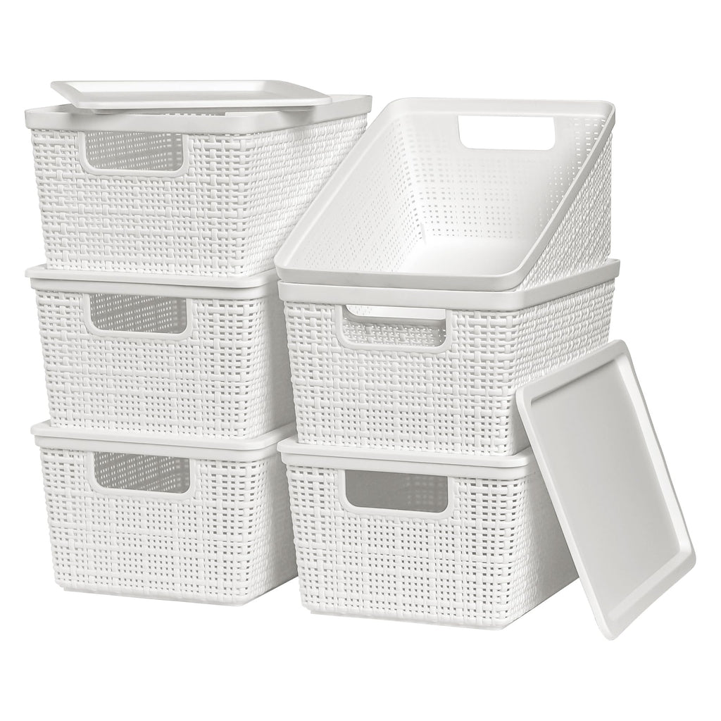 6 Pack Plastic Storage Baskets with Lid,White Stackable Bins