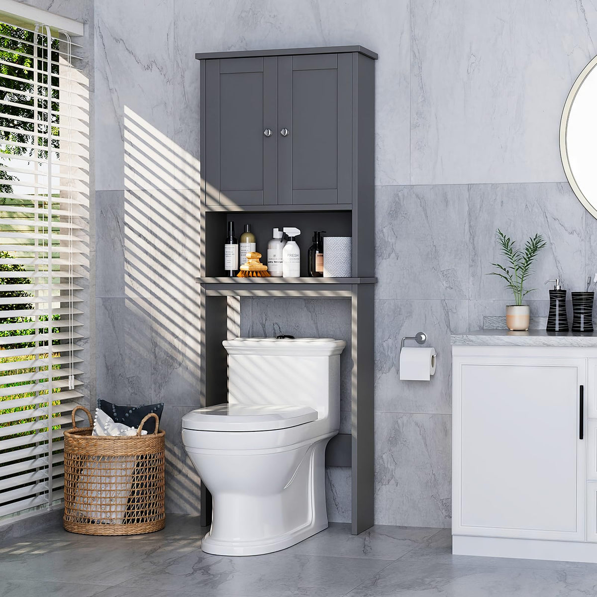 Over the Toilet Storage Cabinet, Bathroom Storage Organizer Over Toilet, Space Saver W/Adjustable Shelf & Open Shelf, White