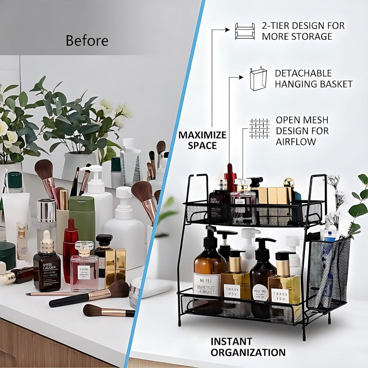 LEMIKKLE 2-Tier Bathroom Countertop Organizer,Skincare, Makeup Countertop Organizers, Kitchen, Bathroom Counter Storage with Small Basket (Black)