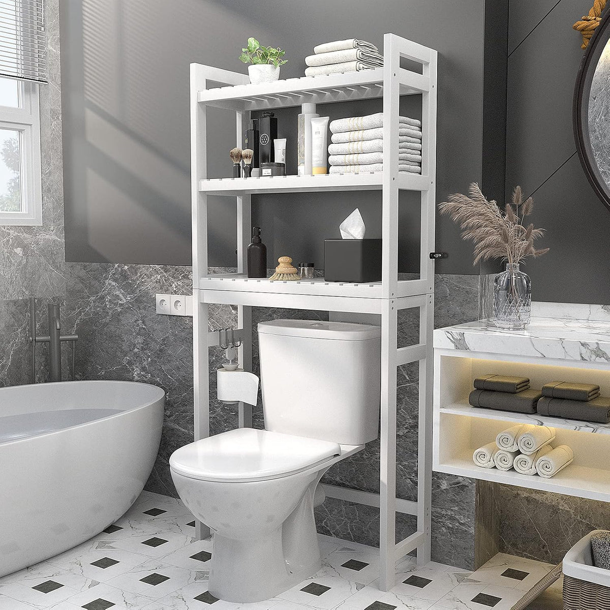 Homykic Over The Toilet Storage, 3-Tier Bamboo Bathroom Shelf, White
