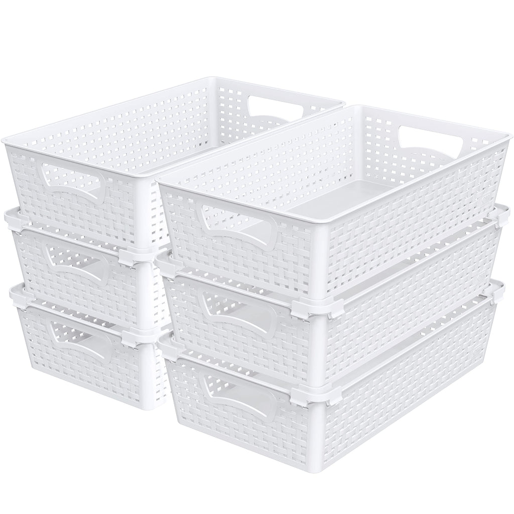 Simple Houseware Stackable Plastic Woven Basket Organizer, 6 Pack, Black