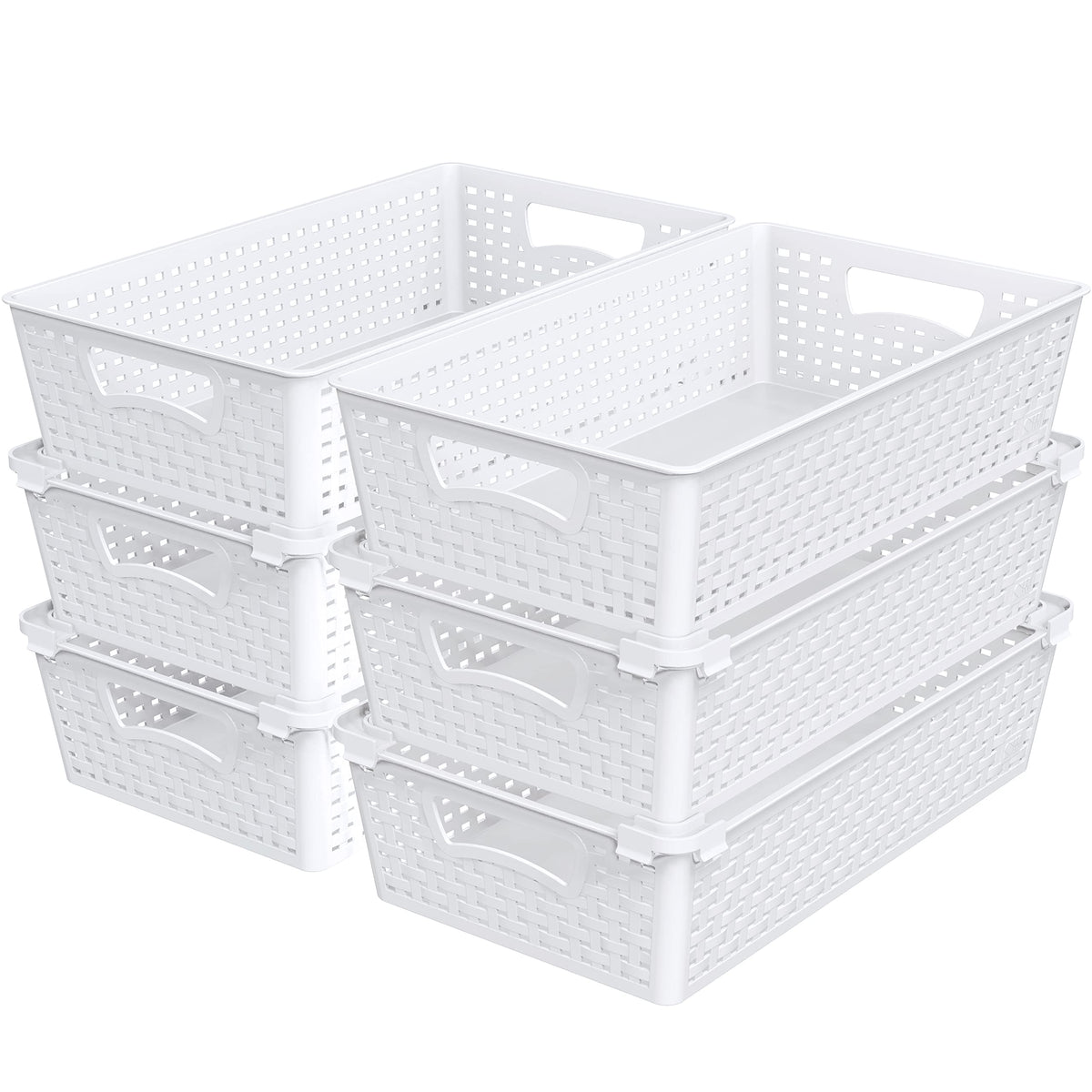 Simple Houseware Stackable Plastic Woven Basket Organizer, 6 Pack, Black