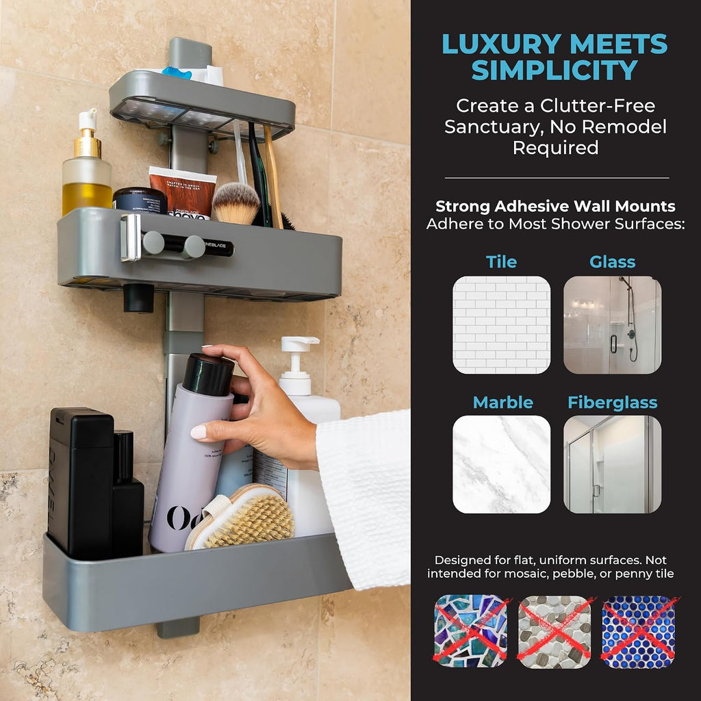 ShowerSMART Shower Caddy, Adjustable Shelves, Magnetic Hooks, Black