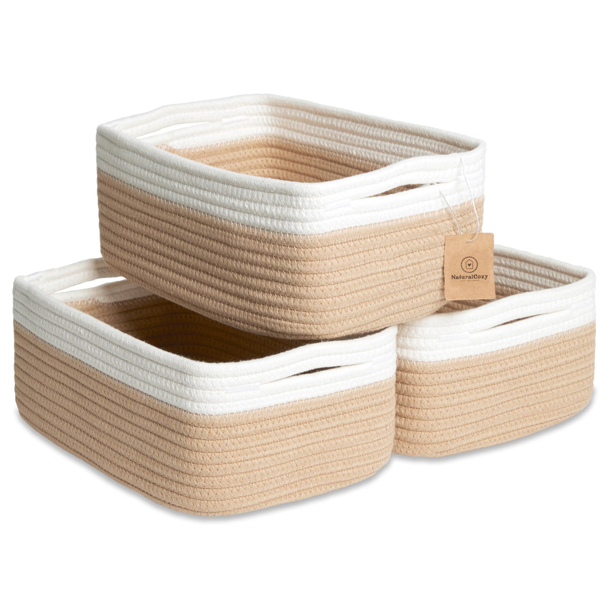 NaturalCozy 11.8"x8"x4.5” Storage Baskets for Shelves 3 Pack | Cotton Rope Woven Small Baskets for Organizing | Small Storage Bins for Nursery, Bathroom, Closet, Cube Shelf, Decorative, Gift Basket