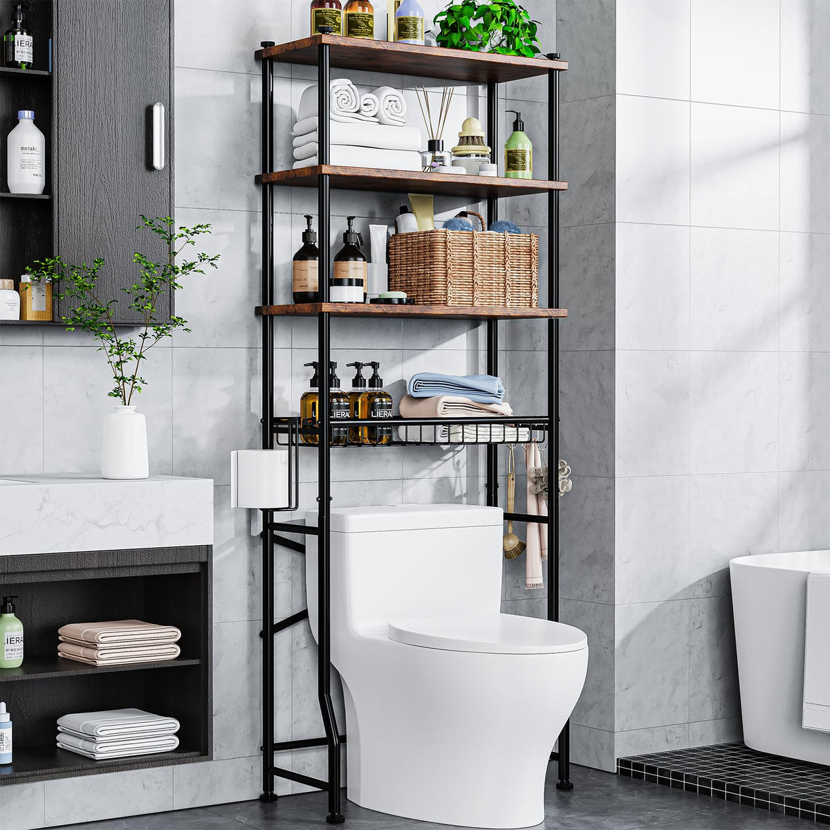 Mlinavn Over-The-Toilet Storage Rack, 4-Tier Bathroom Organizer Shelf Over Toilet with Adjustable Shelf and Basket, Freestanding Space Saver Bathroom Shelves Above Toilet for Room (Black)